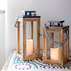 Große Salcombe Holz LED Laterne -Geschäft Für Dekorative Beleuchtung LA15101 Wooden Rope Candle LED Lanterns Home P4
