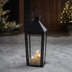 Große Cairns Metall Laterne In Schwarz Mit 3 TruGlow® Outdoor Kerzen