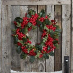 50cm Weihnachtskranz Mit Roten Beeren -Geschäft Für Dekorative Beleuchtung WR2008 2 LED Tannen Weihnachts Kranz Advent Deko Beeren Rot Tur Holz Nahaufnahme